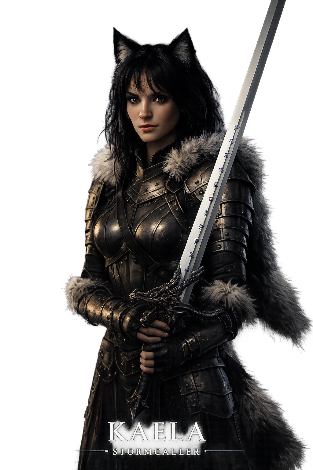 Kaela Thorne, Stormcaller in hand, in fur-lined armor.