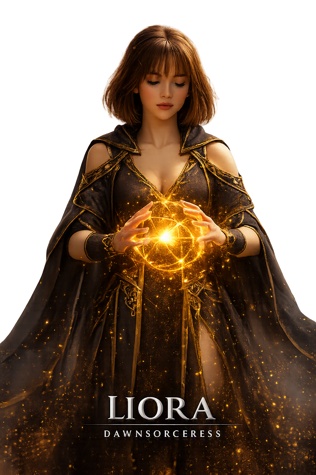 Early concept art of Liora Serathis holding gold-orange magic.